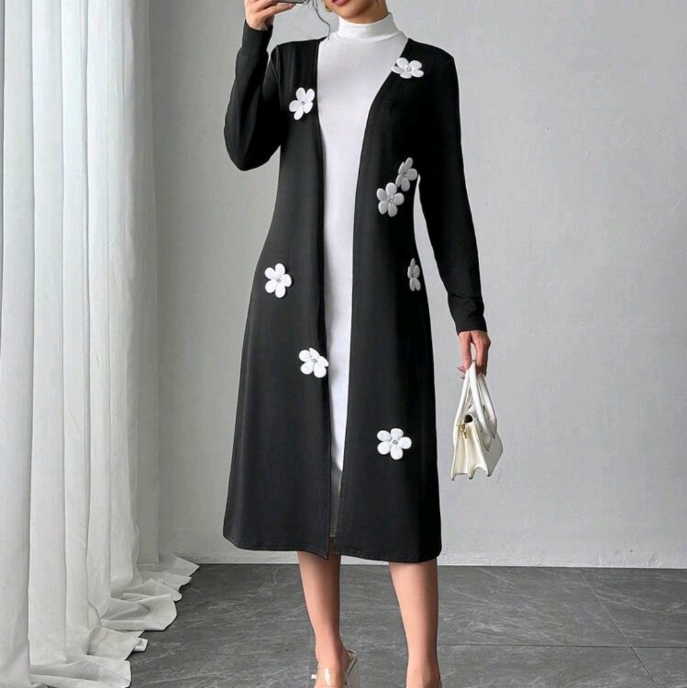 Women Black Solid Floral 3D Embellished Long Jacket, Autumn/Winter - Picture 6 of 6